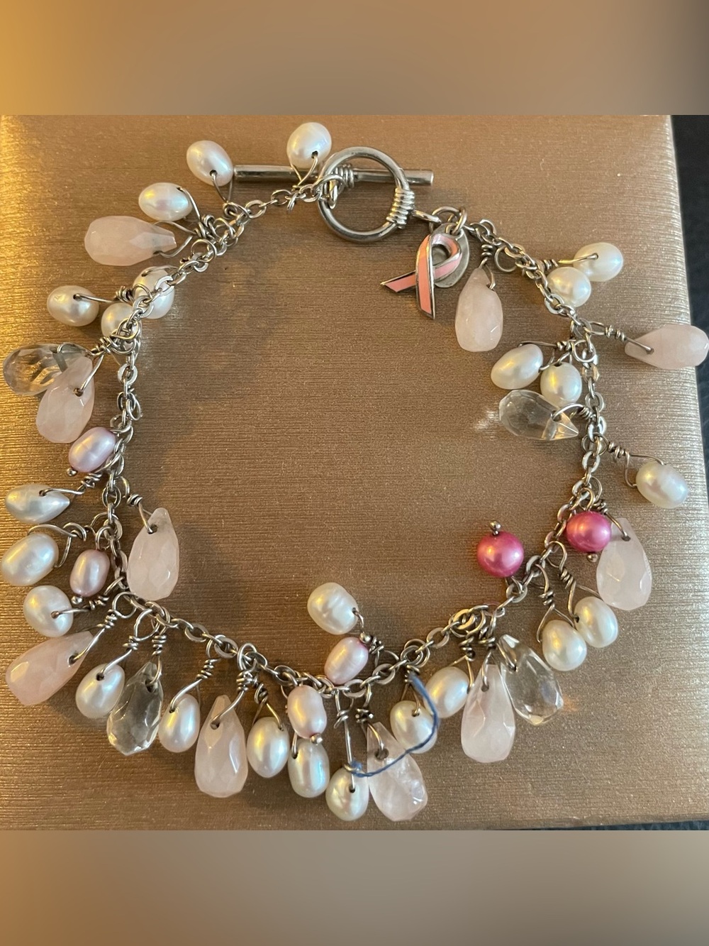 Freshwater Silver Pearl & Rose Quartz Charm Bracelet with Pink Ribbon Accent